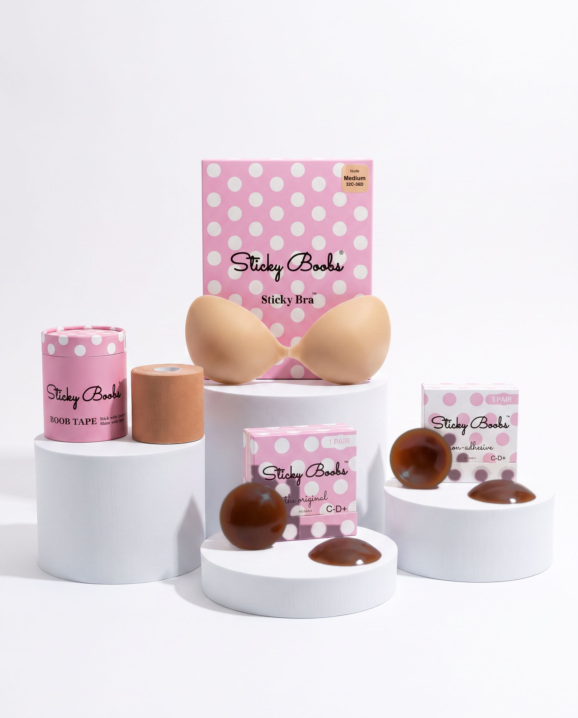 Sticky Boobs Ultimate Bundle — Medium Sticky Bra, Dark shade, C-D+ cup covers, with Boob Tape