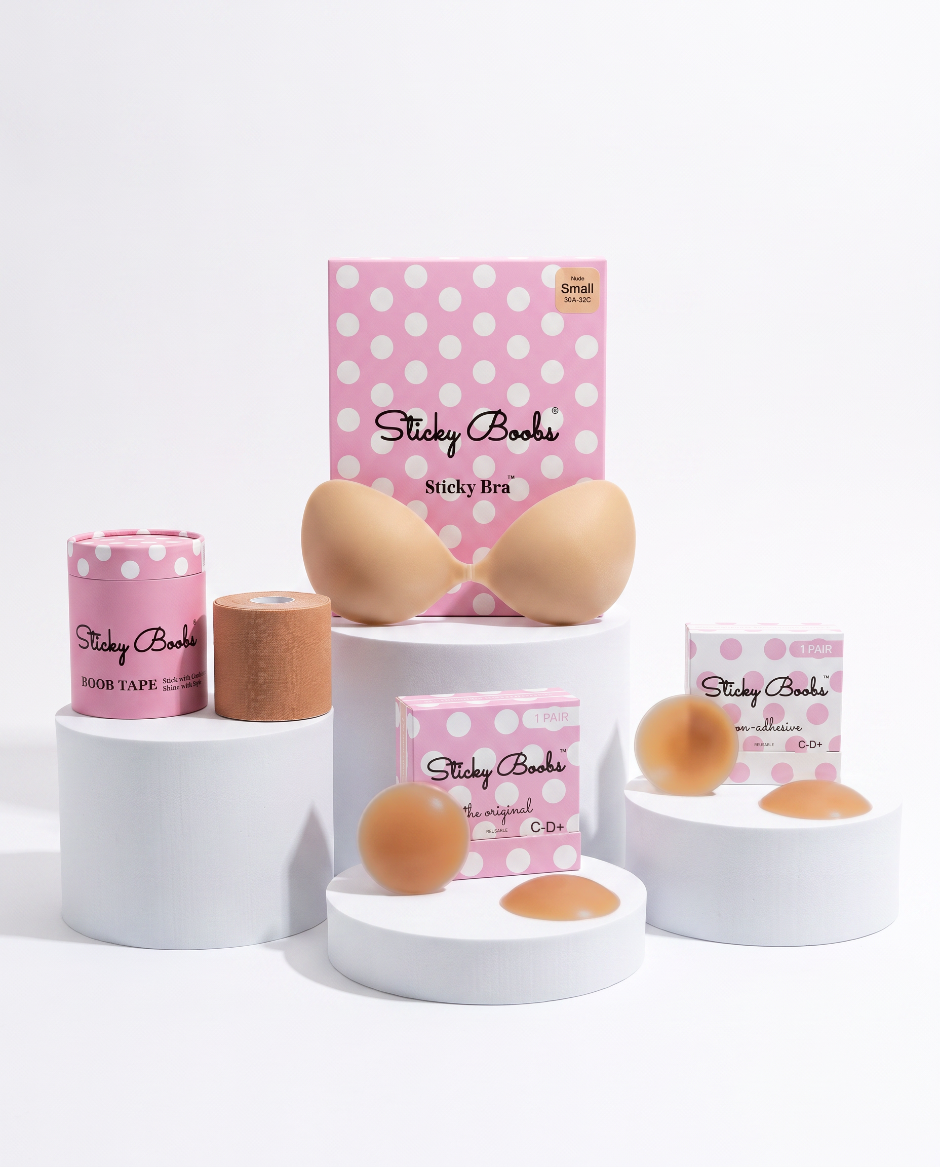 Sticky Boobs Ultimate Bundle — Small Sticky Bra, Tan shade, C-D+ cup covers, with Boob Tape