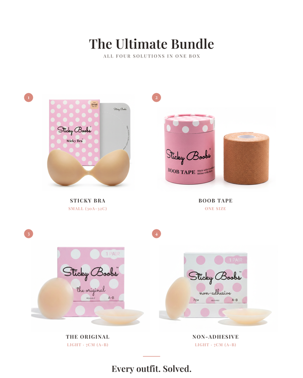 Sticky Boobs Ultimate Bundle — what's inside: Small (30A-32C) Sticky Bra, Boob Tape, The Original and Non-Adhesive nipple covers in Light, 7CM (A-B)