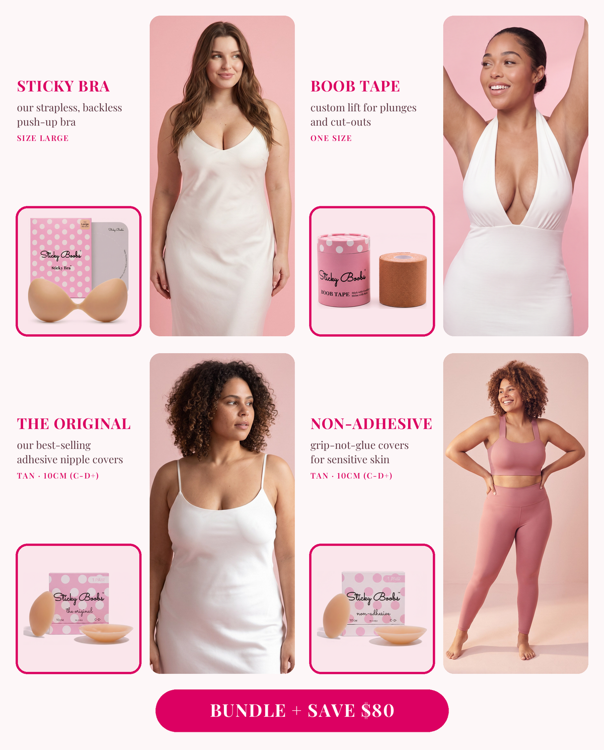 The Ultimate Bundle: Sticky Bra (Large), Boob Tape, and The Original and Non-Adhesive nipple covers in Tan, 10CM (C-D+), each shown worn