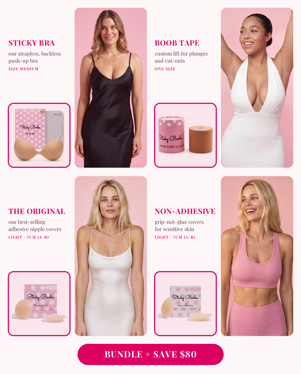The Ultimate Bundle: Sticky Bra (Medium), Boob Tape, and The Original and Non-Adhesive nipple covers in Light, 7CM (A-B), each shown worn