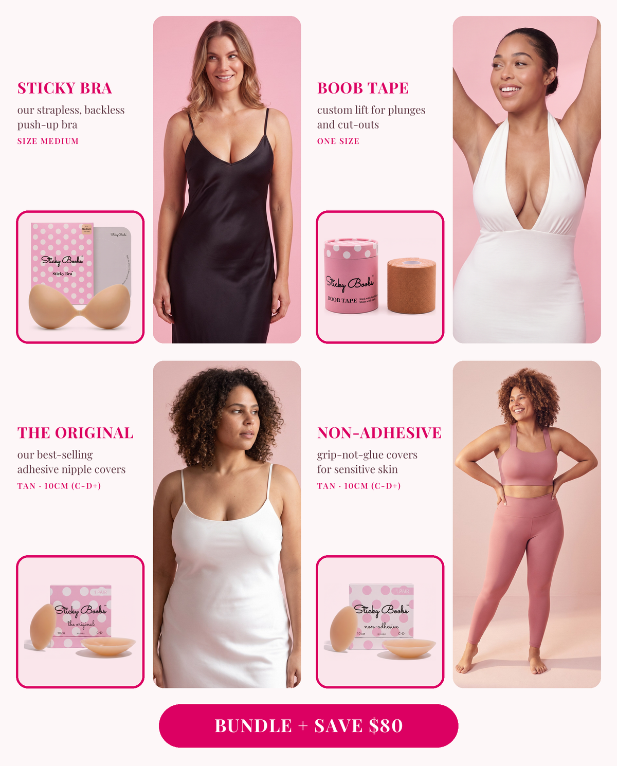 The Ultimate Bundle: Sticky Bra (Medium), Boob Tape, and The Original and Non-Adhesive nipple covers in Tan, 10CM (C-D+), each shown worn