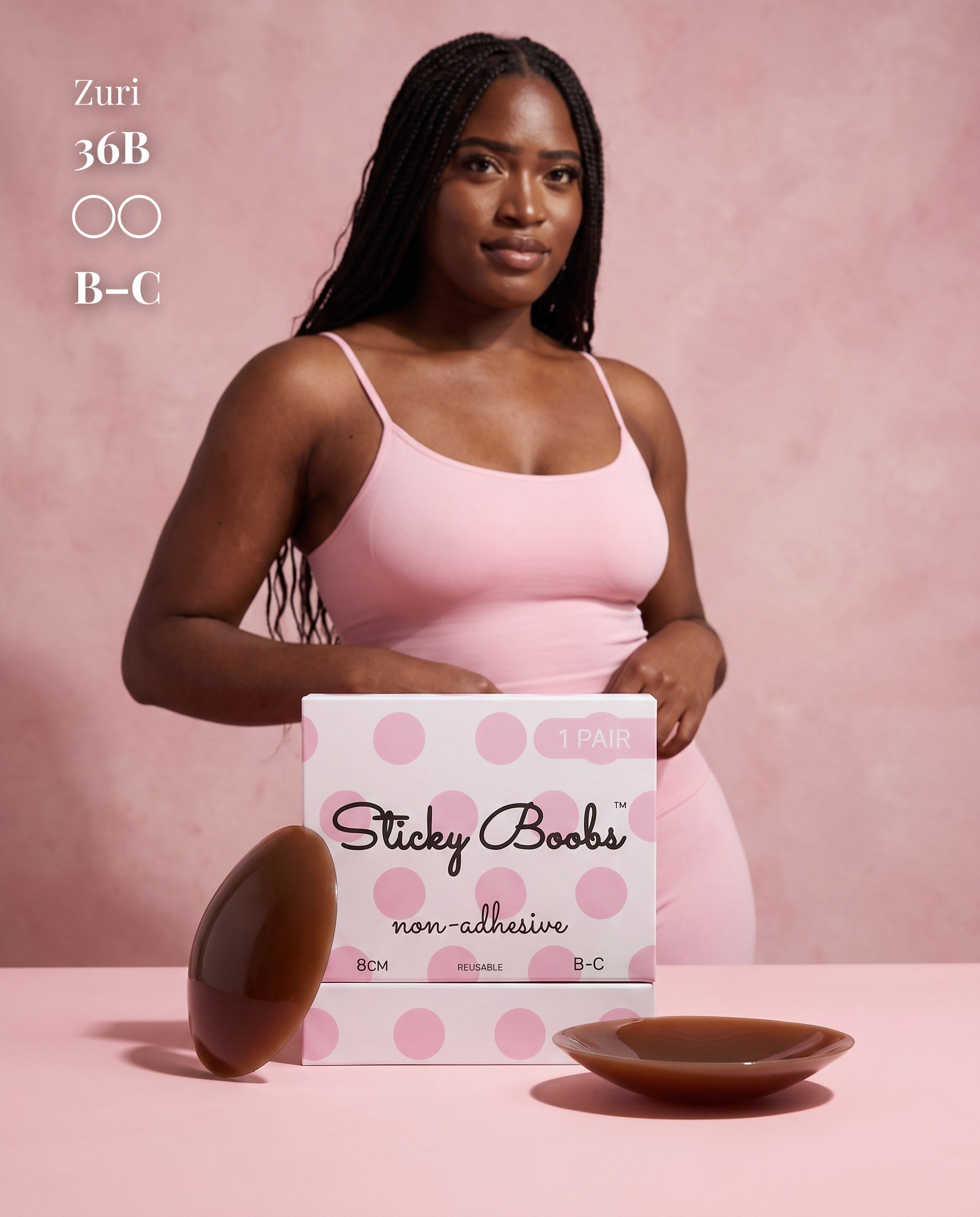 Non-Adhesive Nipple Covers, Dark shade, size B-C (8cm) — model with non-adhesive nipple covers and box