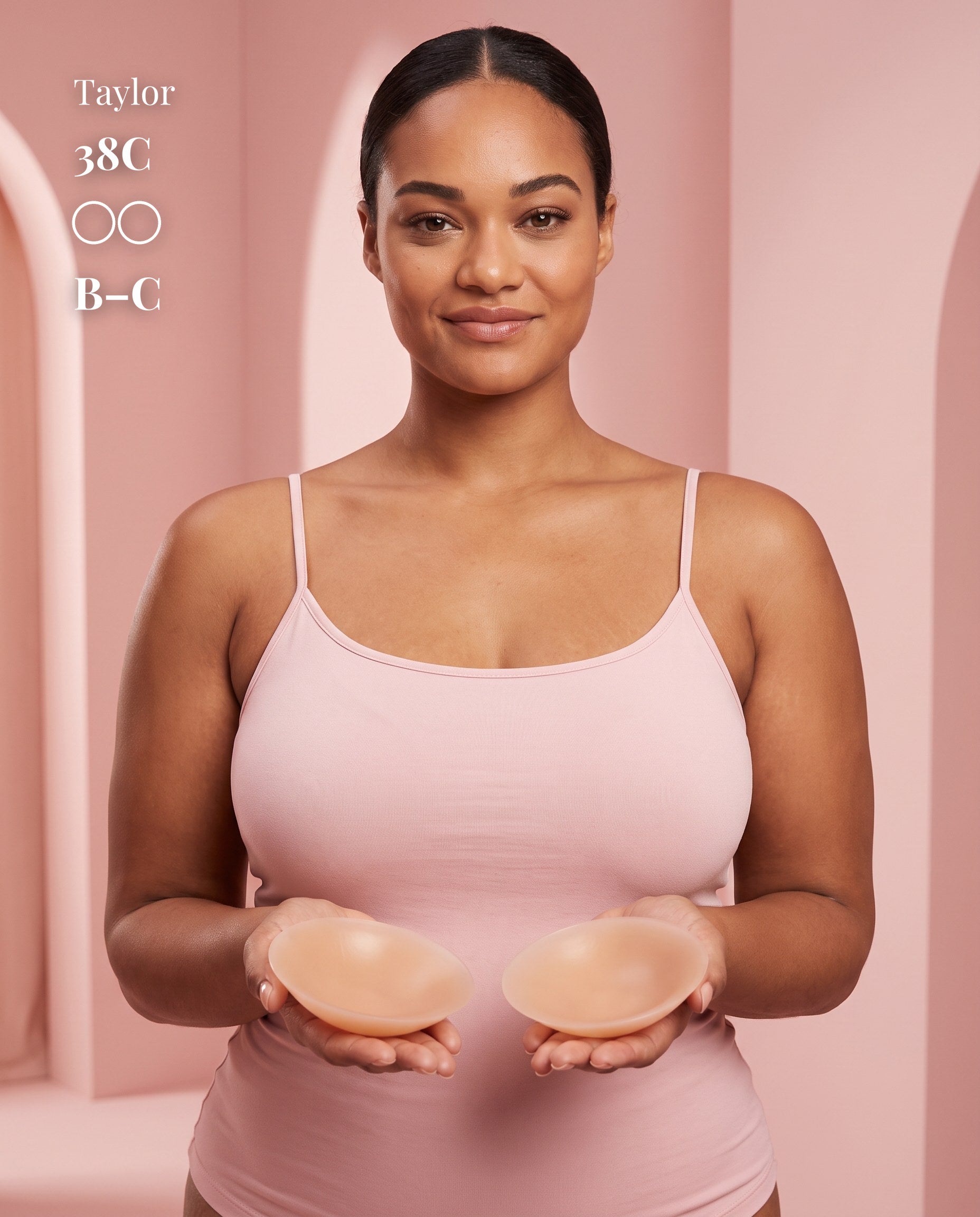 Non-Adhesive Nipple Covers, Tan shade, size B-C (8cm) — model with non-adhesive nipple covers and box