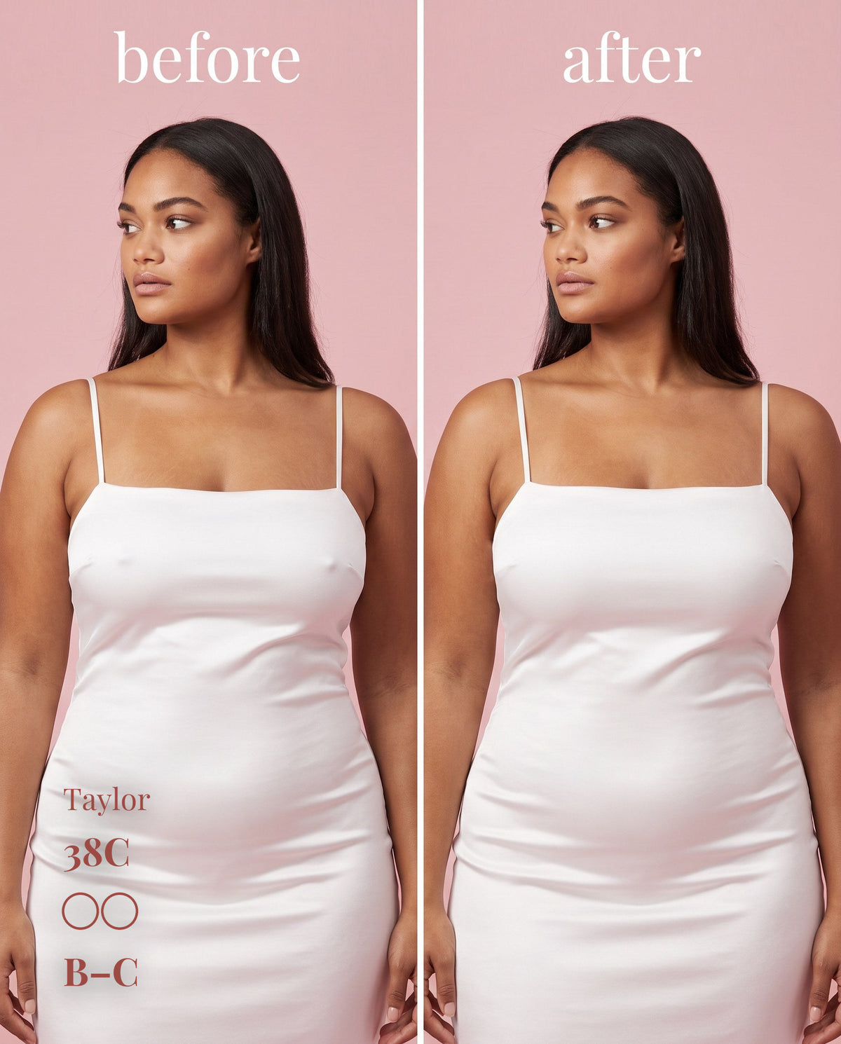 The Original Sticky Boobs, Tan shade, size B-C (8cm) — before and after under a white slip dress