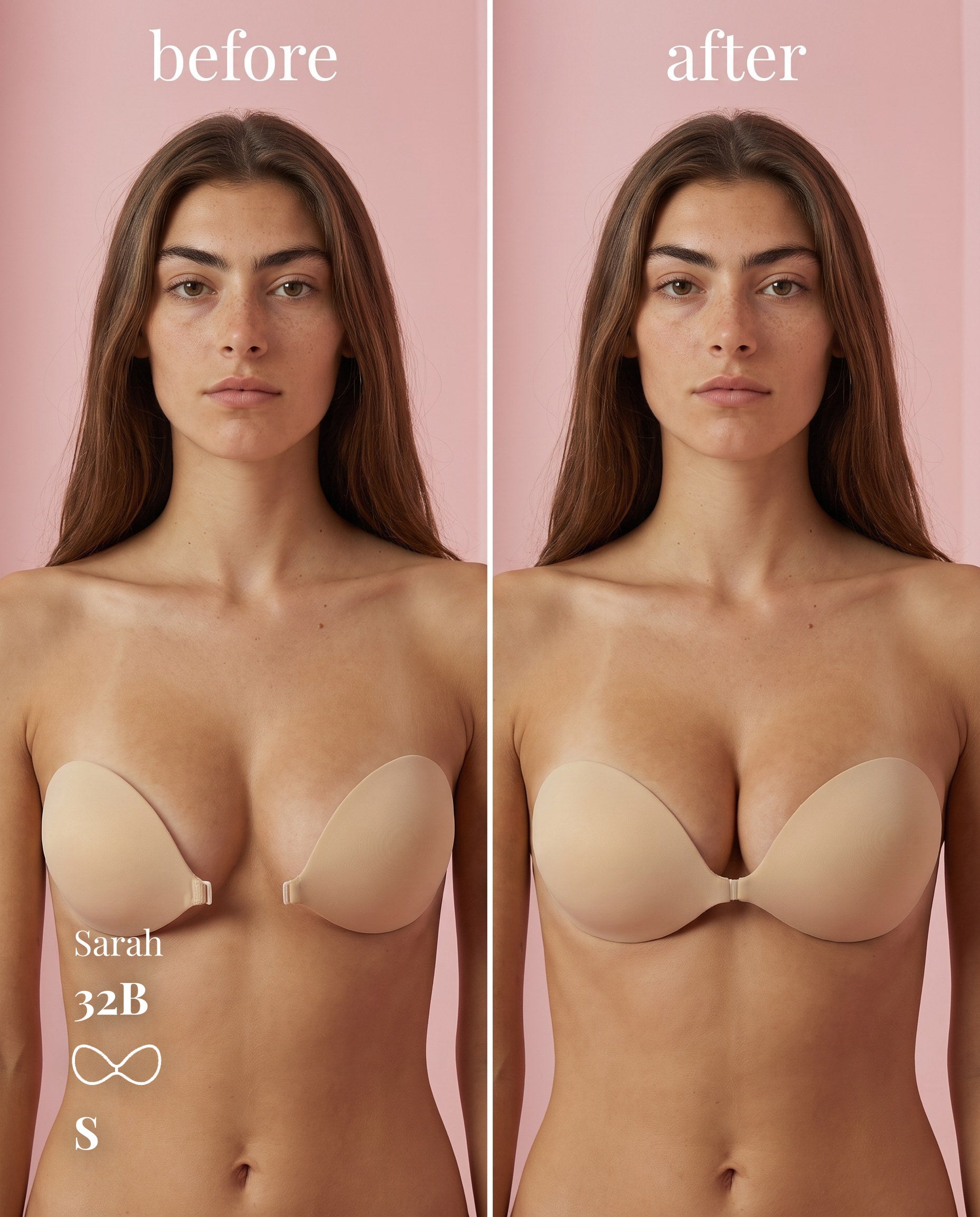 Sticky Bra Small (30A–32C) — before and after under a satin slip dress