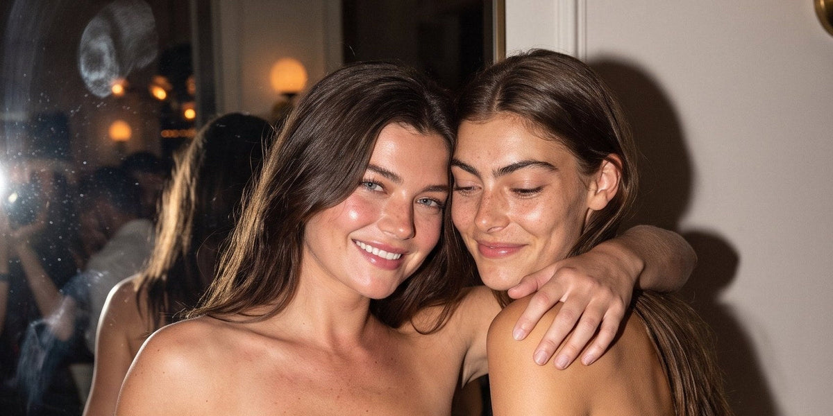 Two friends hugging on a night out