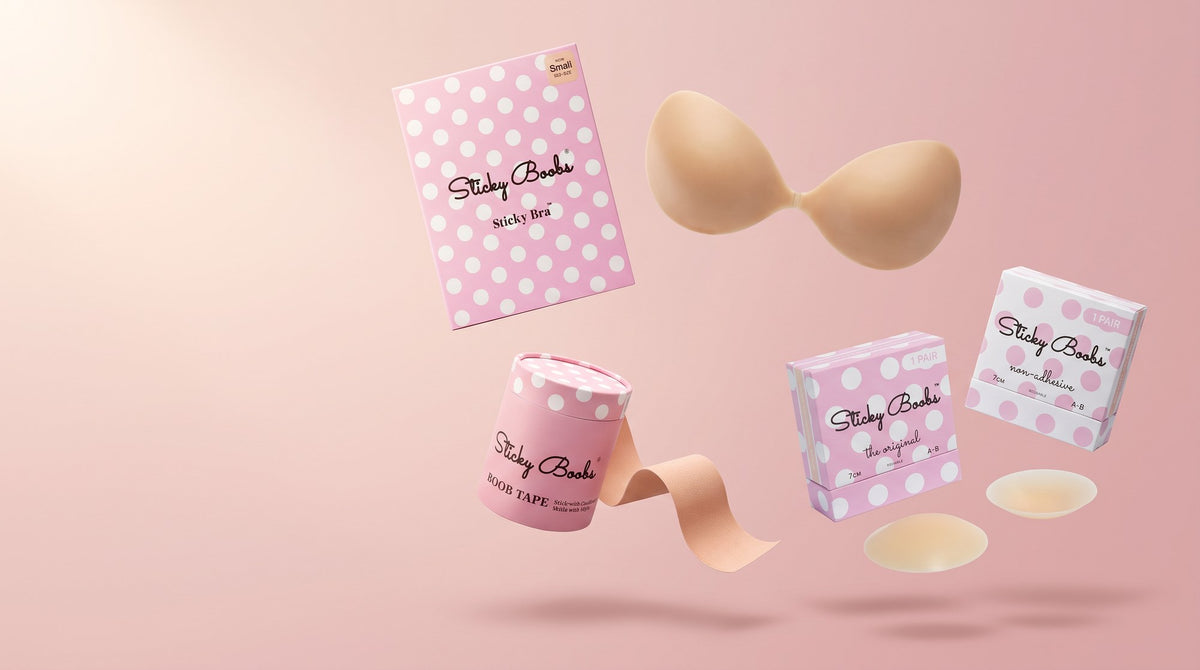 Sticky Boobs bundle — Sticky Bra, Boob Tape, and nipple covers floating on a blush pink background