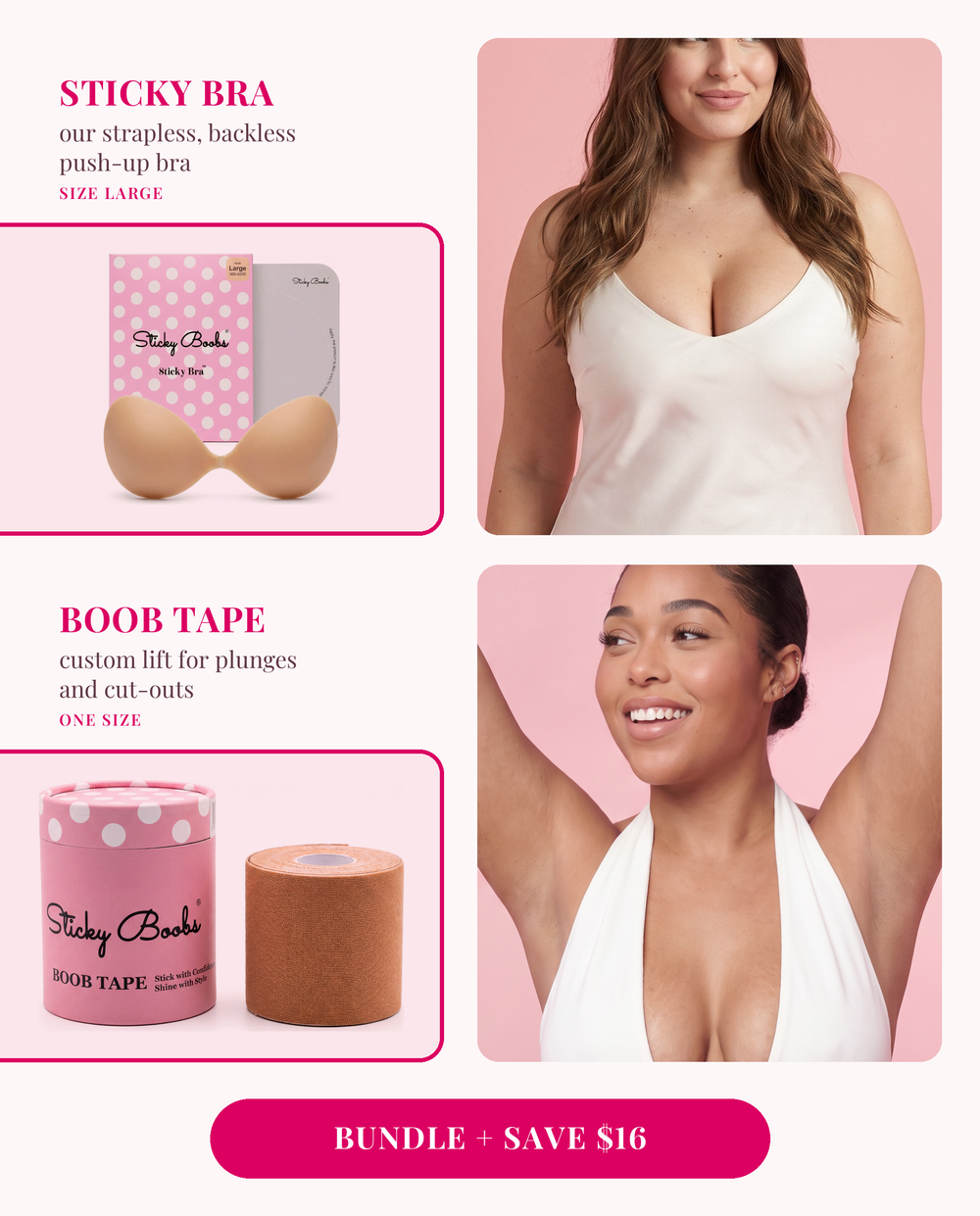 The Lift Bundle: Sticky Bra (Large) and Boob Tape, each shown worn