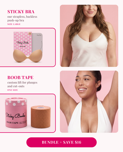 The Lift Bundle: Sticky Bra (Large) and Boob Tape, each shown worn 