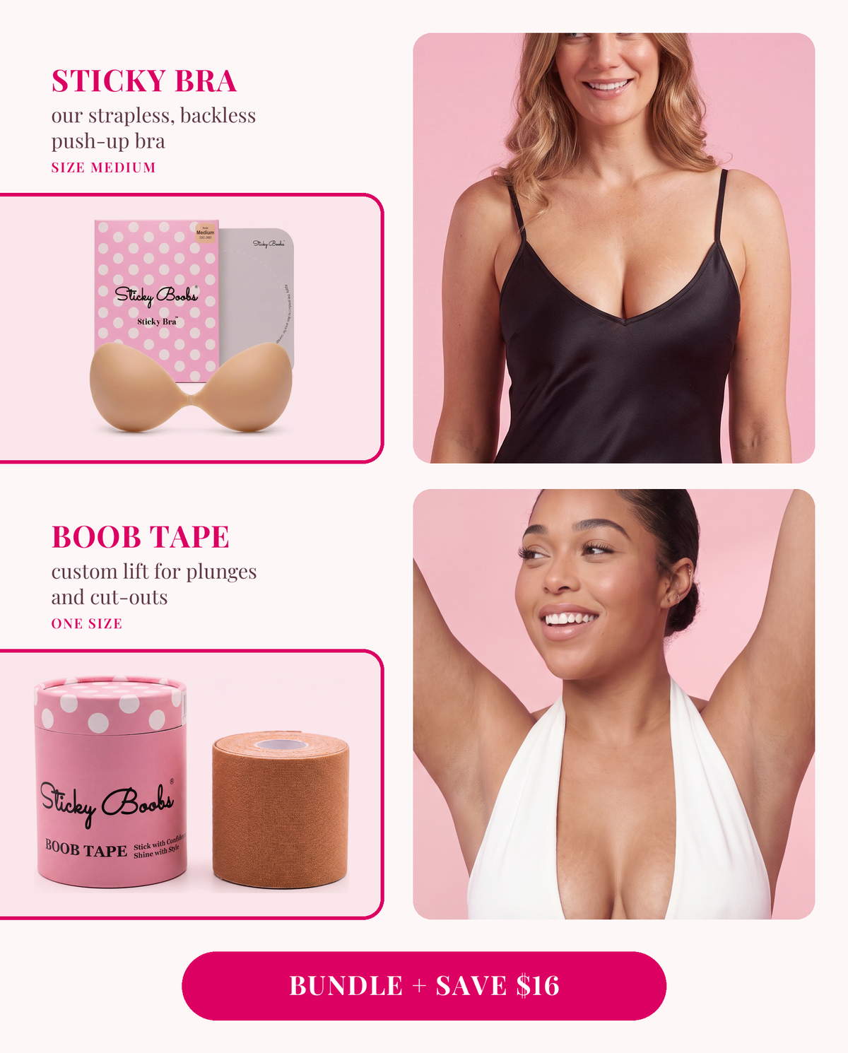 The Lift Bundle: Sticky Bra (Medium) and Boob Tape, each shown worn 