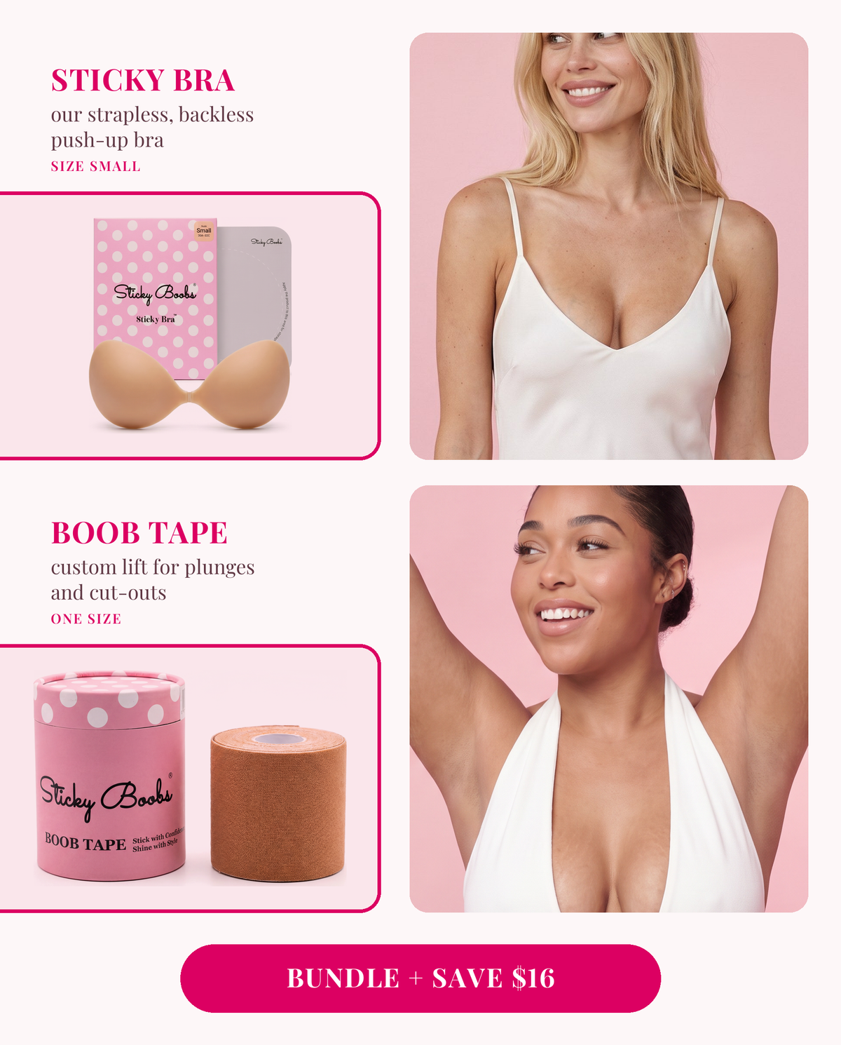 The Lift Bundle: Sticky Bra (Small) and Boob Tape, each shown worn 