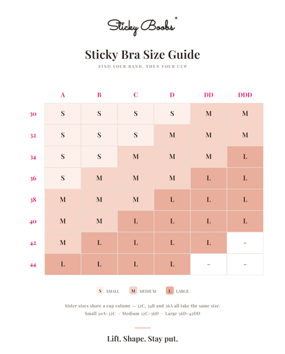 Sticky Bra size guide — find your band and cup to get Small, Medium or Large. Sister sizes share a cup volume, so 32C, 34B and 36A all take the same size.