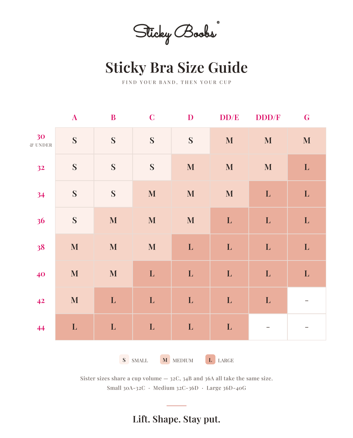 Sticky Bra size guide chart for Small, Medium and Large