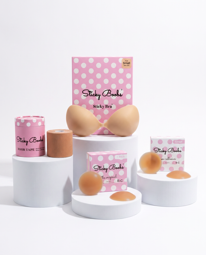 Sticky Boobs Ultimate Bundle — Small Sticky Bra, Tan shade, B-C cup covers, with Boob Tape
