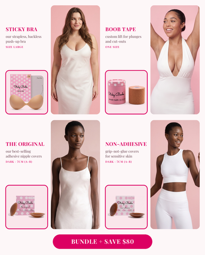 The Ultimate Bundle: Sticky Bra (Large), Boob Tape, and The Original and Non-Adhesive nipple covers in Dark, 7CM (A-B), each shown worn 