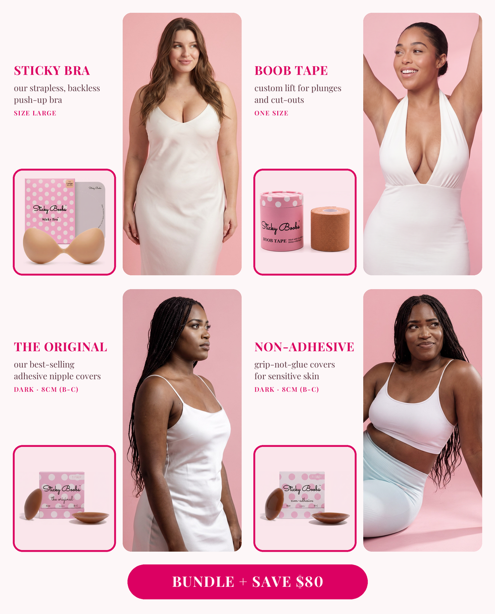 The Ultimate Bundle: Sticky Bra (Large), Boob Tape, and The Original and Non-Adhesive nipple covers in Dark, 8CM (B-C), each shown worn