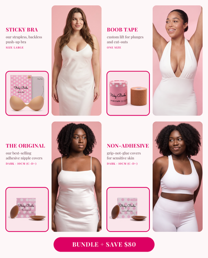 The Ultimate Bundle: Sticky Bra (Large), Boob Tape, and The Original and Non-Adhesive nipple covers in Dark, 10CM (C-D+), each shown worn 