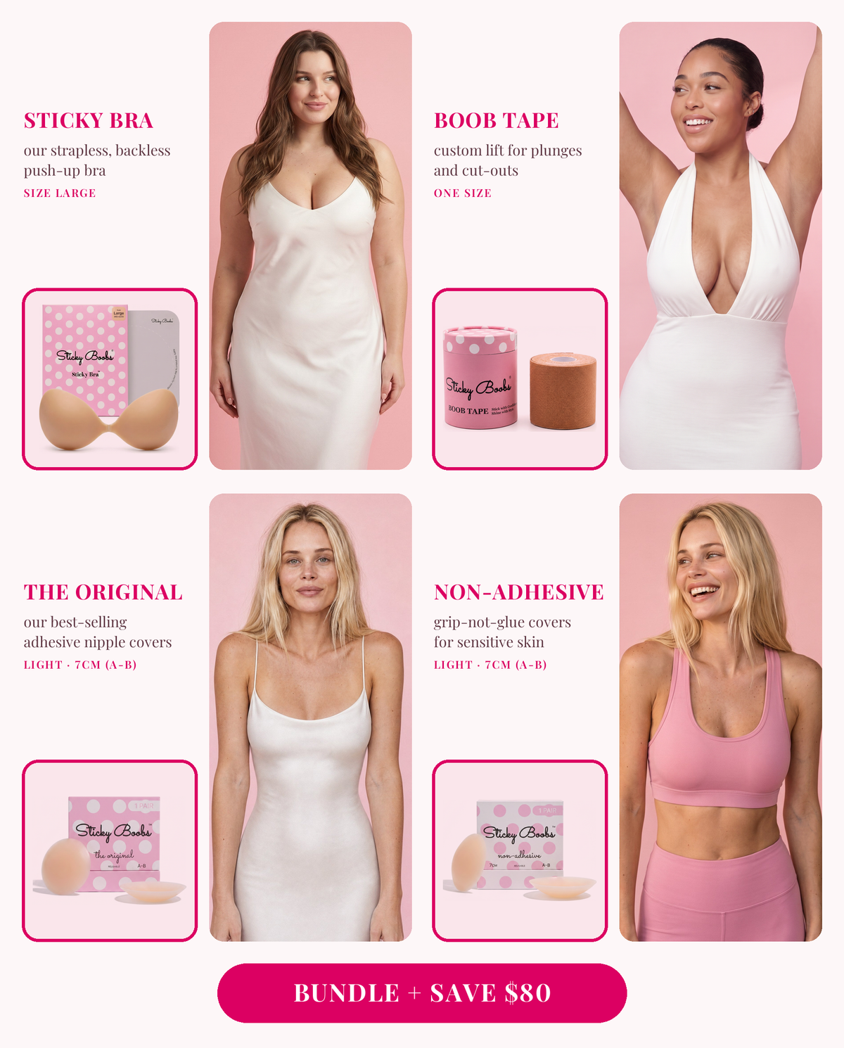 The Ultimate Bundle: Sticky Bra (Large), Boob Tape, and The Original and Non-Adhesive nipple covers in Light, 7CM (A-B), each shown worn 