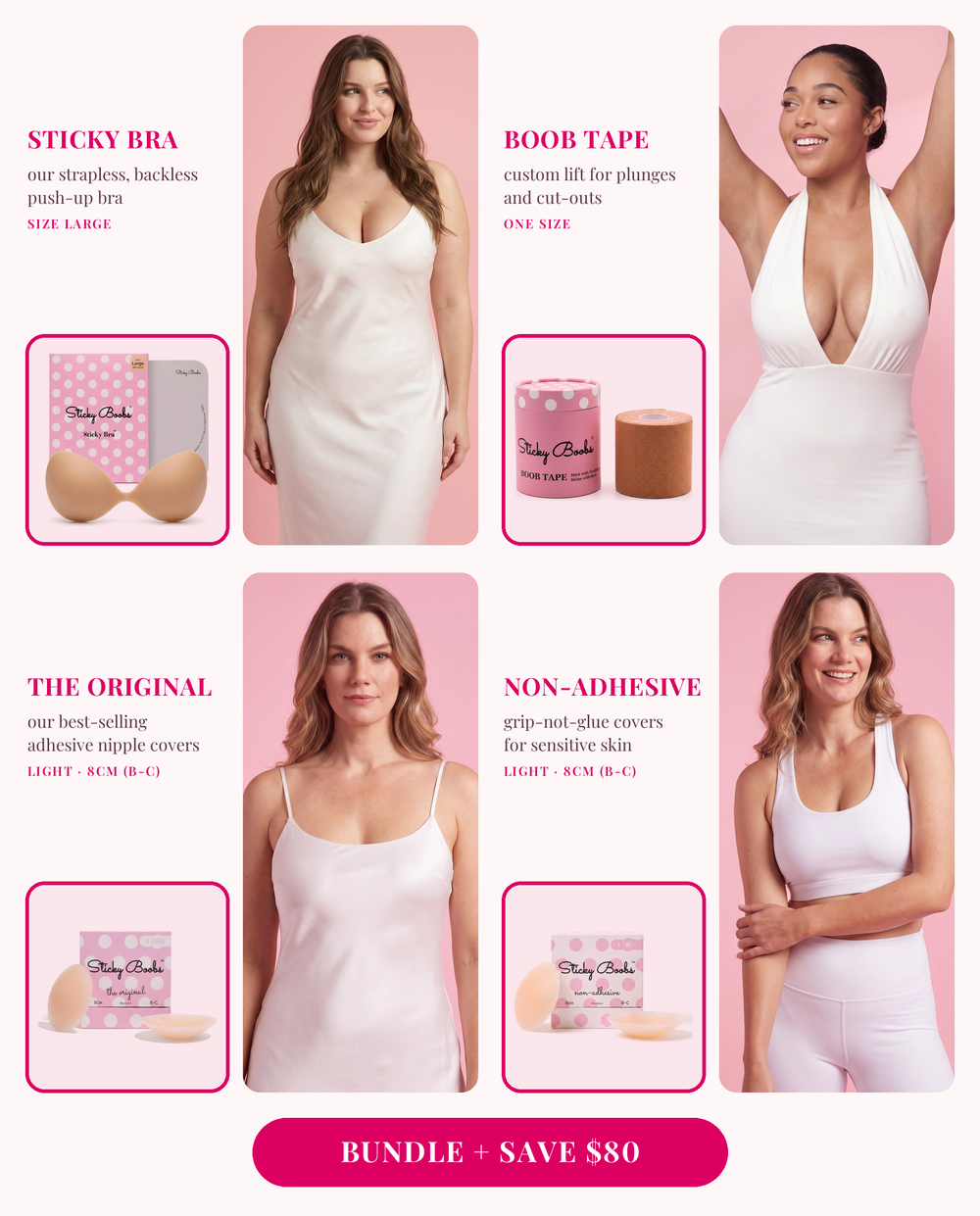 The Ultimate Bundle: Sticky Bra (Large), Boob Tape, and The Original and Non-Adhesive nipple covers in Light, 8CM (B-C), each shown worn