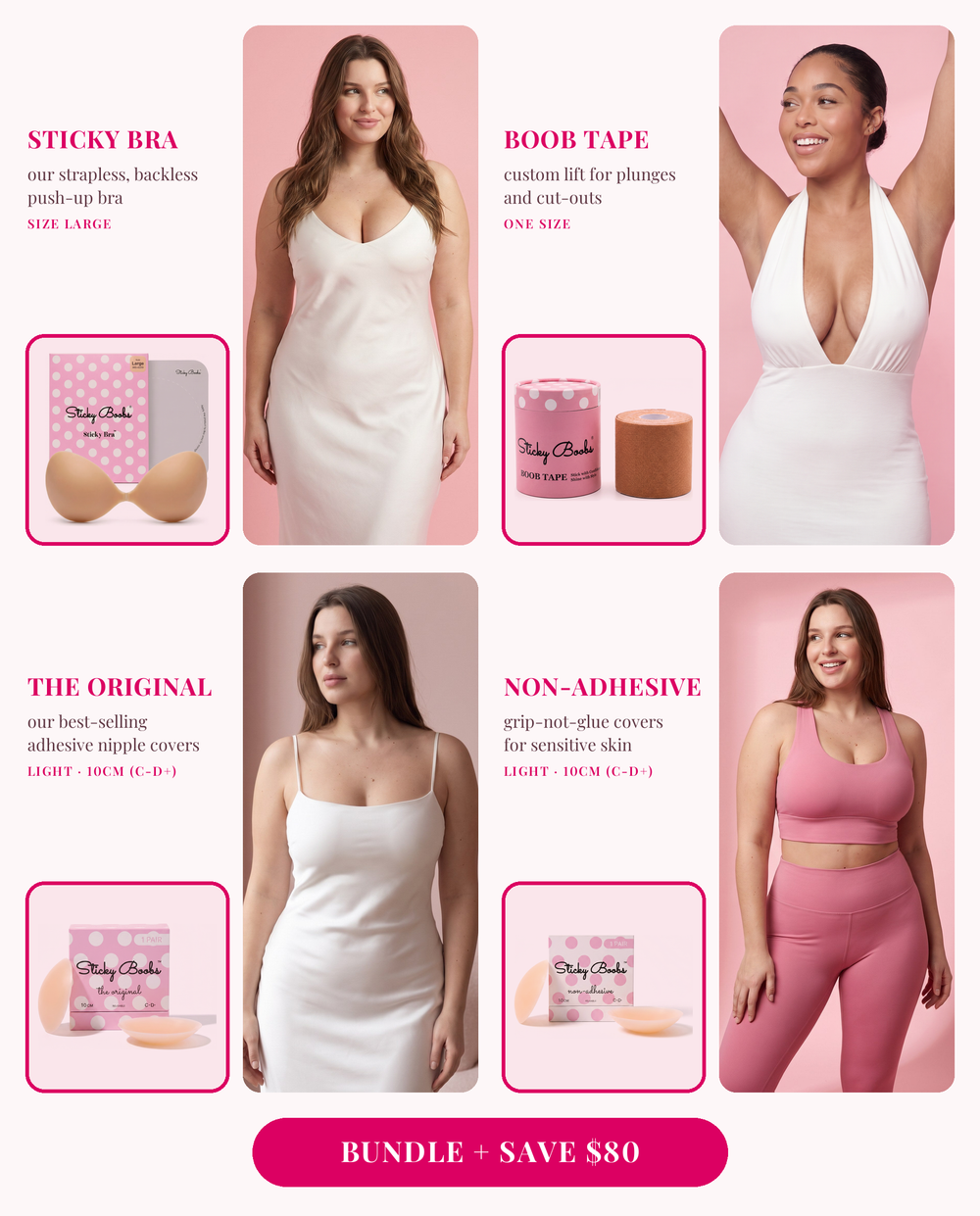 The Ultimate Bundle: Sticky Bra (Large), Boob Tape, and The Original and Non-Adhesive nipple covers in Light, 10CM (C-D+), each shown worn