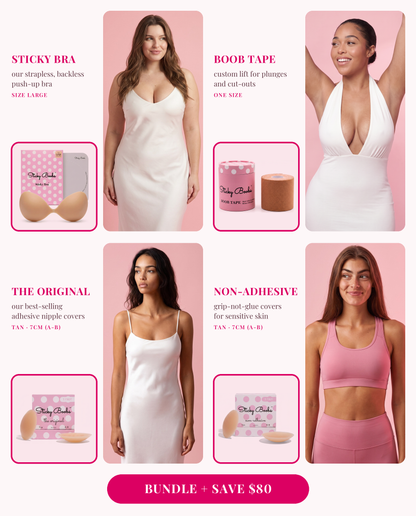 The Ultimate Bundle: Sticky Bra (Large), Boob Tape, and The Original and Non-Adhesive nipple covers in Tan, 7CM (A-B), each shown worn 