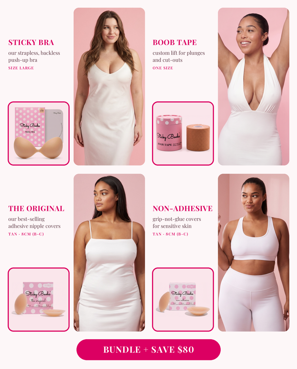 The Ultimate Bundle: Sticky Bra (Large), Boob Tape, and The Original and Non-Adhesive nipple covers in Tan, 8CM (B-C), each shown worn
