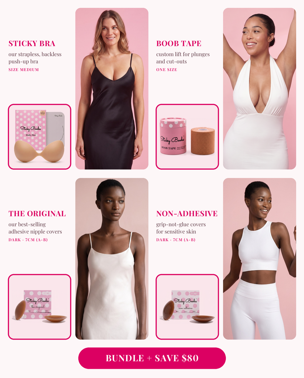 The Ultimate Bundle: Sticky Bra (Medium), Boob Tape, and The Original and Non-Adhesive nipple covers in Dark, 7CM (A-B), each shown worn