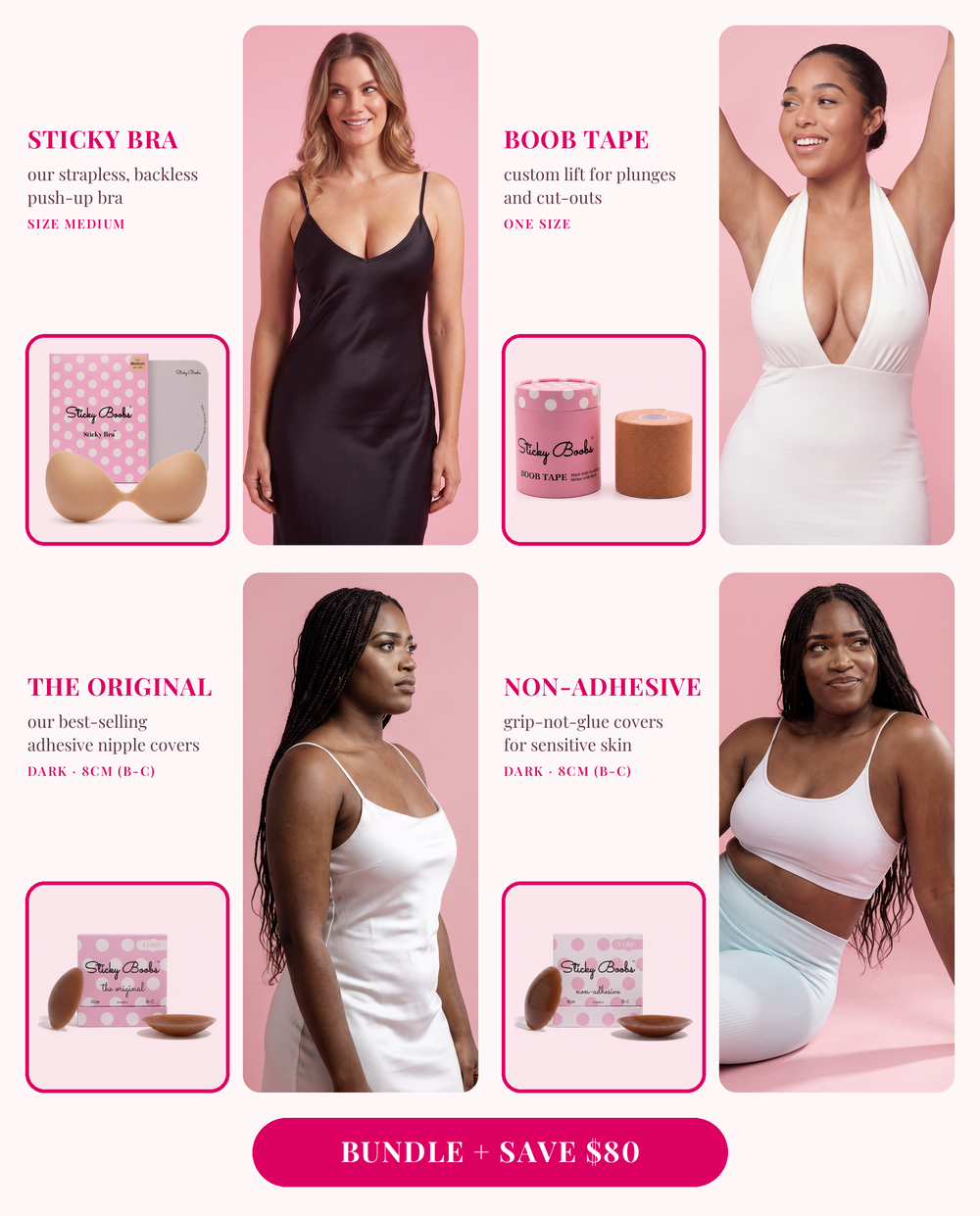 The Ultimate Bundle: Sticky Bra (Medium), Boob Tape, and The Original and Non-Adhesive nipple covers in Dark, 8CM (B-C), each shown worn