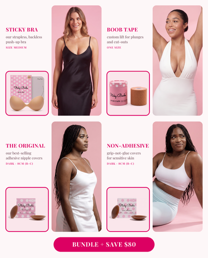 The Ultimate Bundle: Sticky Bra (Medium), Boob Tape, and The Original and Non-Adhesive nipple covers in Dark, 8CM (B-C), each shown worn 
