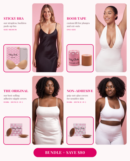 The Ultimate Bundle: Sticky Bra (Medium), Boob Tape, and The Original and Non-Adhesive nipple covers in Dark, 10CM (C-D+), each shown worn 