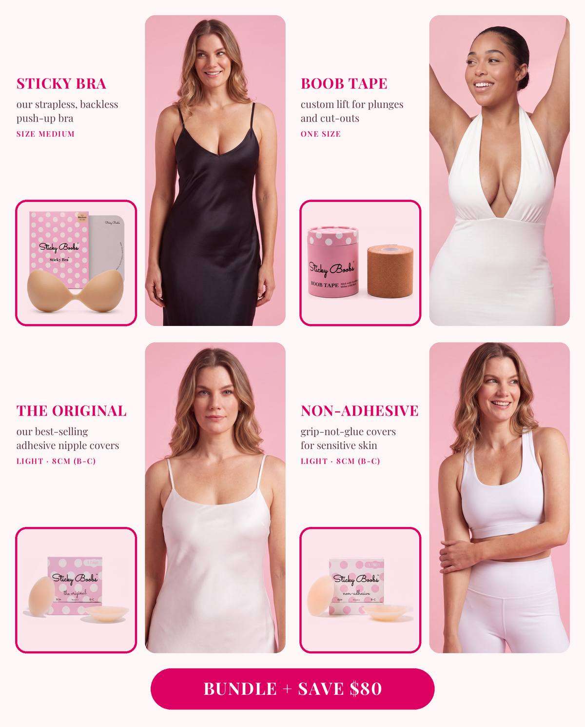 The Ultimate Bundle: Sticky Bra (Medium), Boob Tape, and The Original and Non-Adhesive nipple covers in Light, 8CM (B-C), each shown worn 