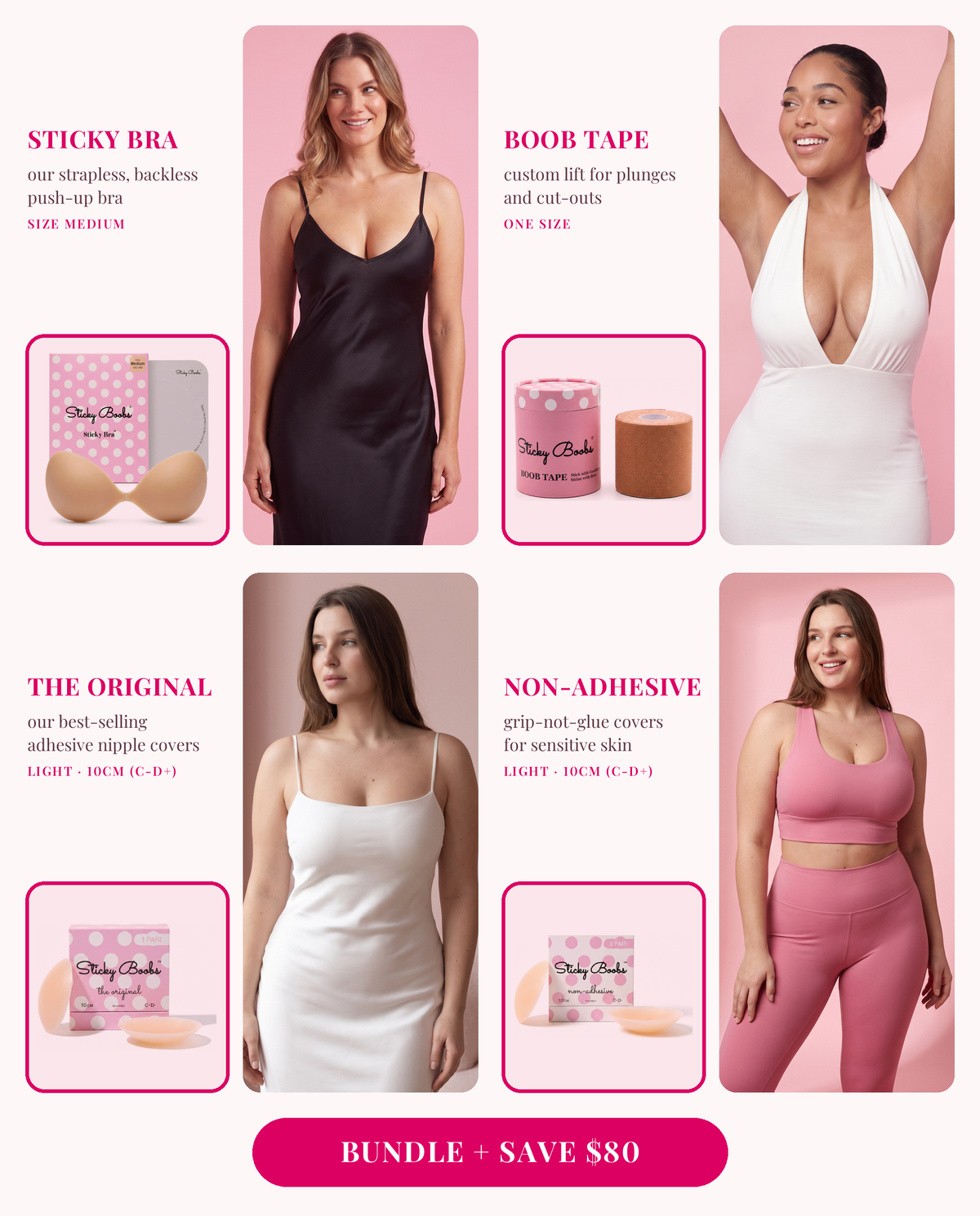The Ultimate Bundle: Sticky Bra (Medium), Boob Tape, and The Original and Non-Adhesive nipple covers in Light, 10CM (C-D+), each shown worn 