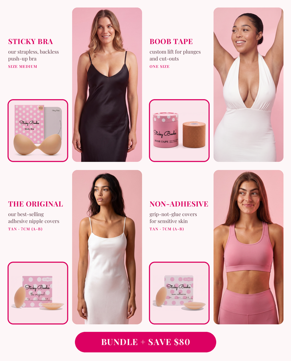 The Ultimate Bundle: Sticky Bra (Medium), Boob Tape, and The Original and Non-Adhesive nipple covers in Tan, 7CM (A-B), each shown worn