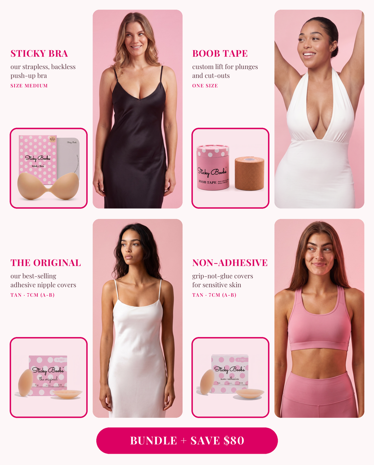 The Ultimate Bundle: Sticky Bra (Medium), Boob Tape, and The Original and Non-Adhesive nipple covers in Tan, 7CM (A-B), each shown worn 