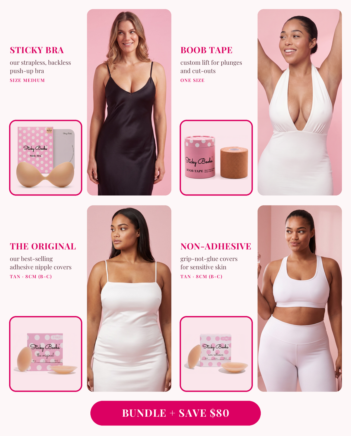 The Ultimate Bundle: Sticky Bra (Medium), Boob Tape, and The Original and Non-Adhesive nipple covers in Tan, 8CM (B-C), each shown worn 