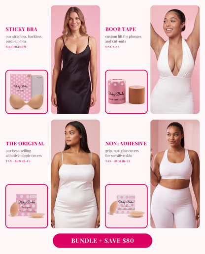 The Ultimate Bundle: Sticky Bra (Medium), Boob Tape, and The Original and Non-Adhesive nipple covers in Tan, 8CM (B-C), each shown worn 