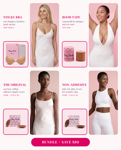 The Ultimate Bundle: Sticky Bra (Small), Boob Tape, and The Original and Non-Adhesive nipple covers in Dark, 7CM (A-B), each shown worn 