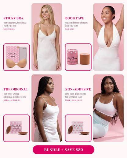 The Ultimate Bundle: Sticky Bra (Small), Boob Tape, and The Original and Non-Adhesive nipple covers in Dark, 8CM (B-C), each shown worn 