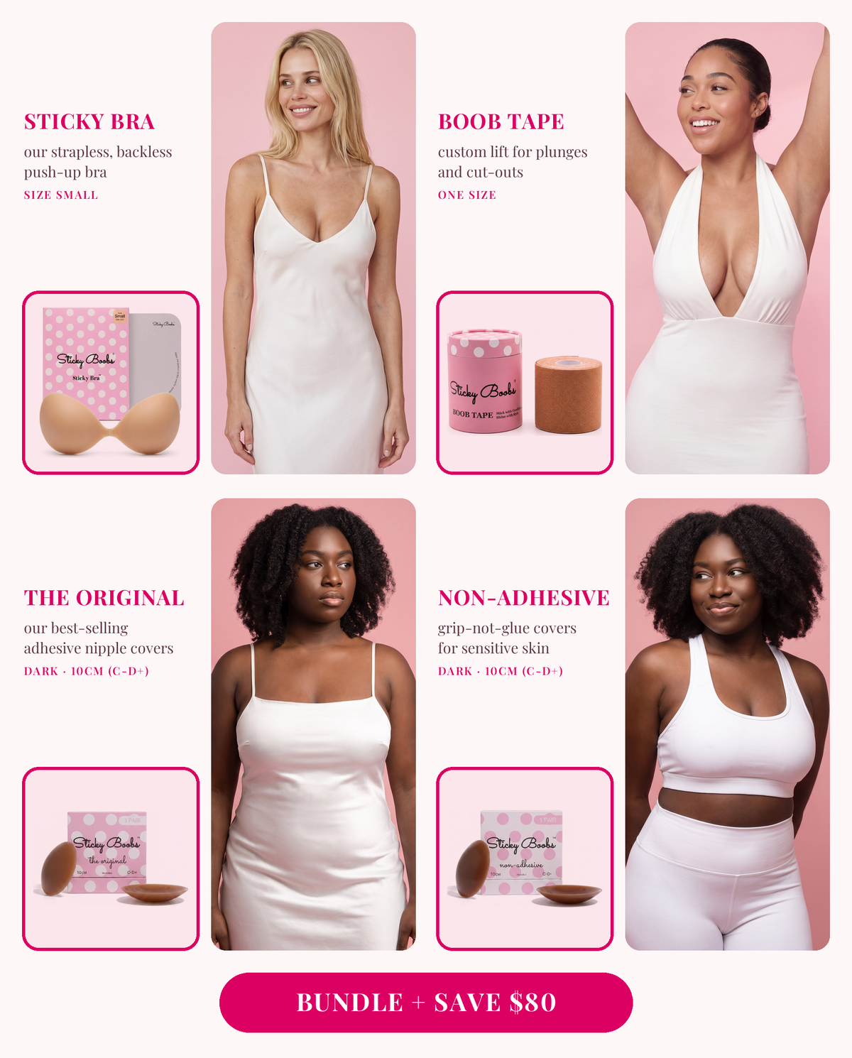 The Ultimate Bundle: Sticky Bra (Small), Boob Tape, and The Original and Non-Adhesive nipple covers in Dark, 10CM (C-D+), each shown worn 