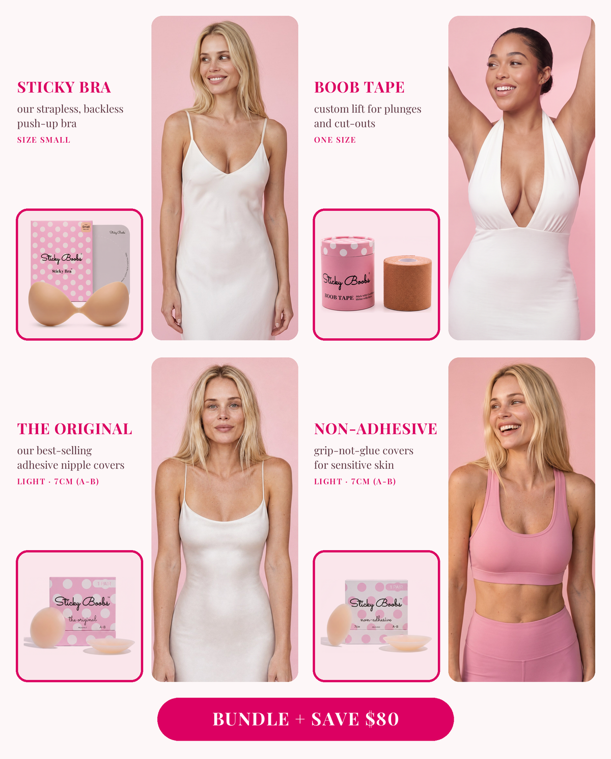 The Ultimate Bundle: Sticky Bra (Small), Boob Tape, and The Original and Non-Adhesive nipple covers in Light, 7CM (A-B), each shown worn 