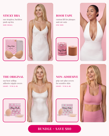 The Ultimate Bundle: Sticky Bra (Small), Boob Tape, and The Original and Non-Adhesive nipple covers in Light, 7CM (A-B), each shown worn 