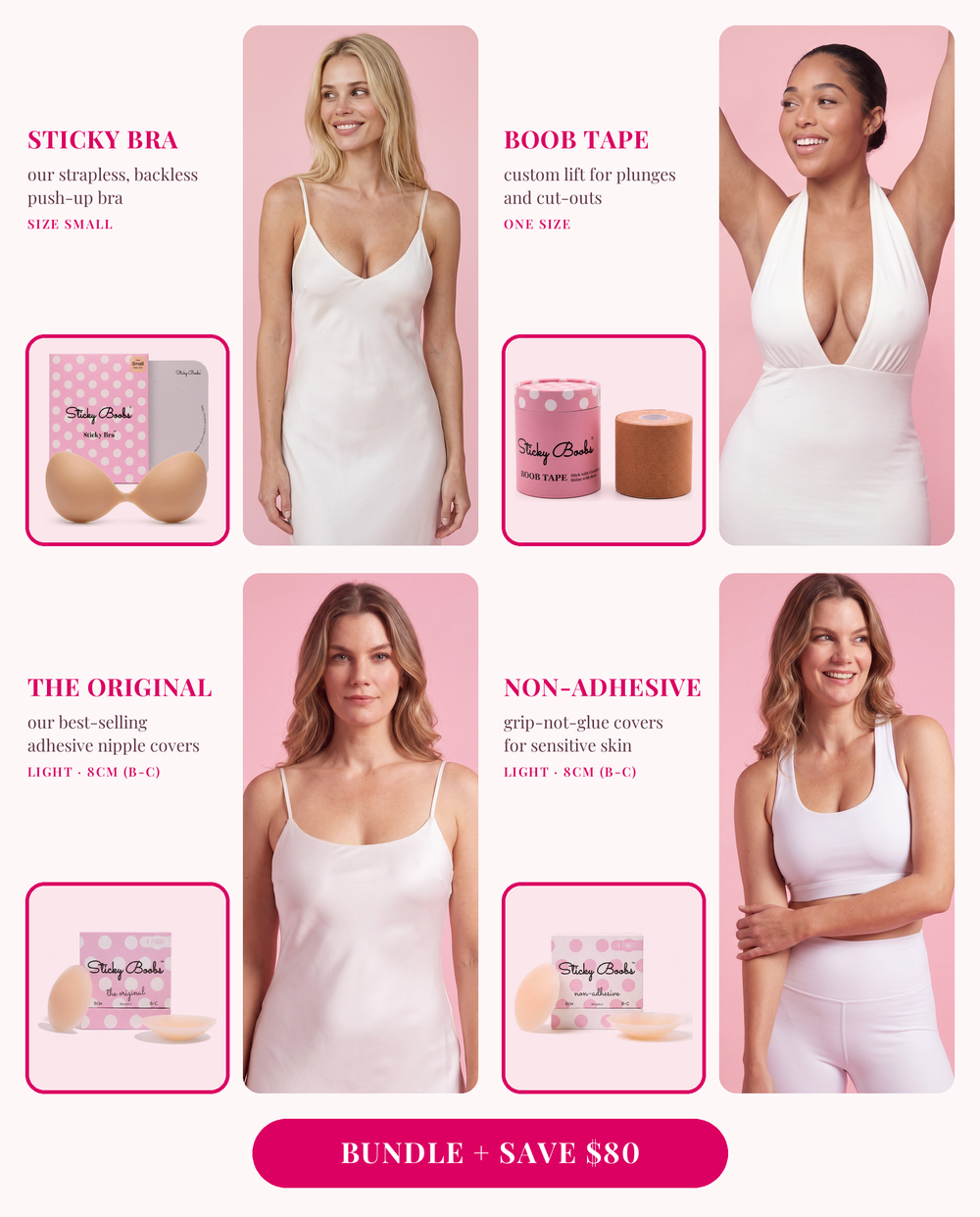 The Ultimate Bundle: Sticky Bra (Small), Boob Tape, and The Original and Non-Adhesive nipple covers in Light, 8CM (B-C), each shown worn