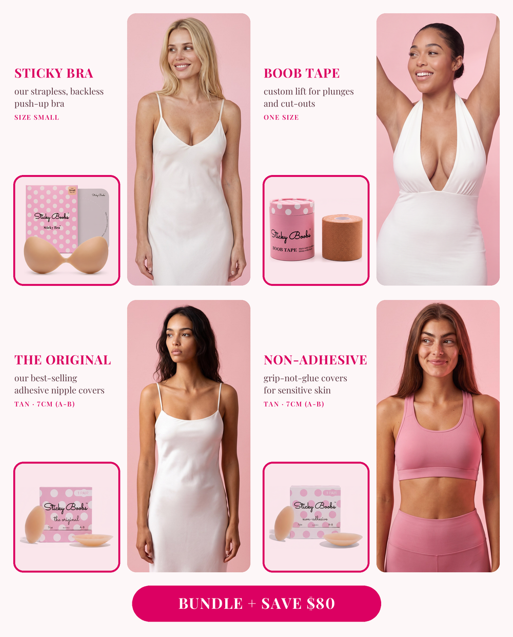 The Ultimate Bundle: Sticky Bra (Small), Boob Tape, and The Original and Non-Adhesive nipple covers in Tan, 7CM (A-B), each shown worn
