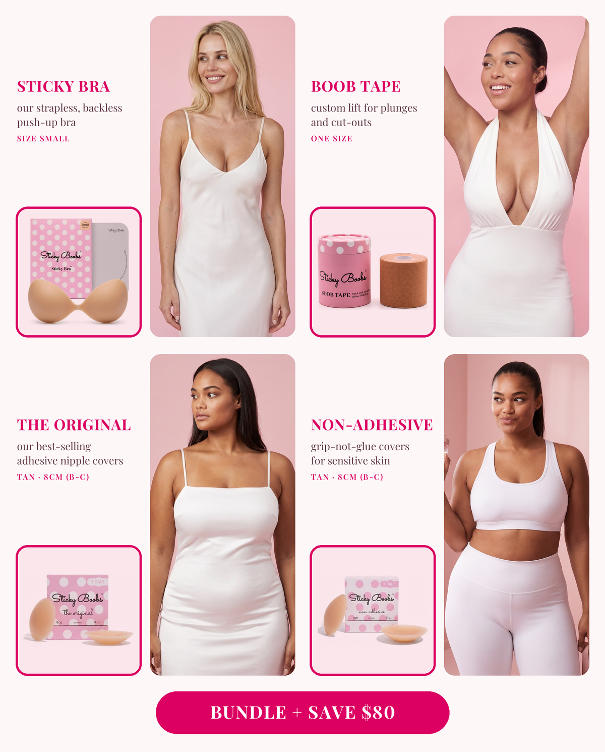 The Ultimate Bundle: Sticky Bra (Small), Boob Tape, and The Original and Non-Adhesive nipple covers in Tan, 8CM (B-C), each shown worn 