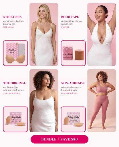 The Ultimate Bundle: Sticky Bra (Small), Boob Tape, and The Original and Non-Adhesive nipple covers in Tan, 10CM (C-D+), each shown worn 