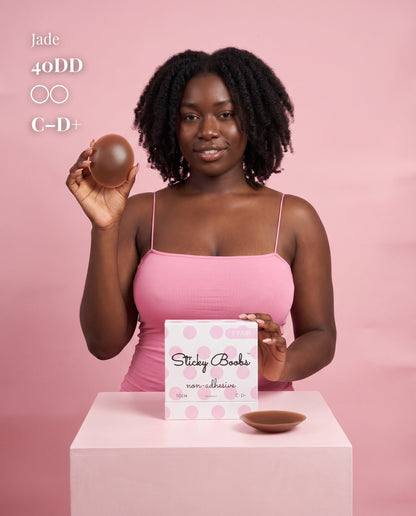 Non-Adhesive Nipple Covers, Dark shade, size C-D+ (10cm) — model with non-adhesive nipple covers and box 