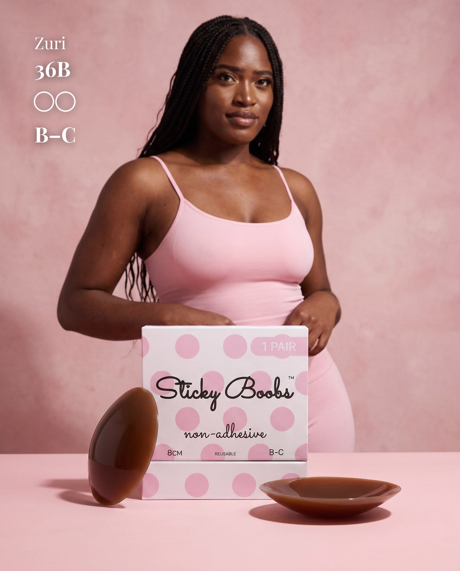 Non-Adhesive Nipple Covers, Dark shade, size B-C (8cm) — model with non-adhesive nipple covers and box 