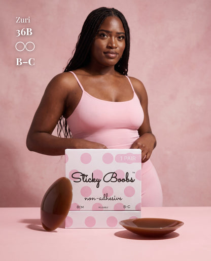 Non-Adhesive Nipple Covers, Dark shade, size B-C (8cm) — model with non-adhesive nipple covers and box 