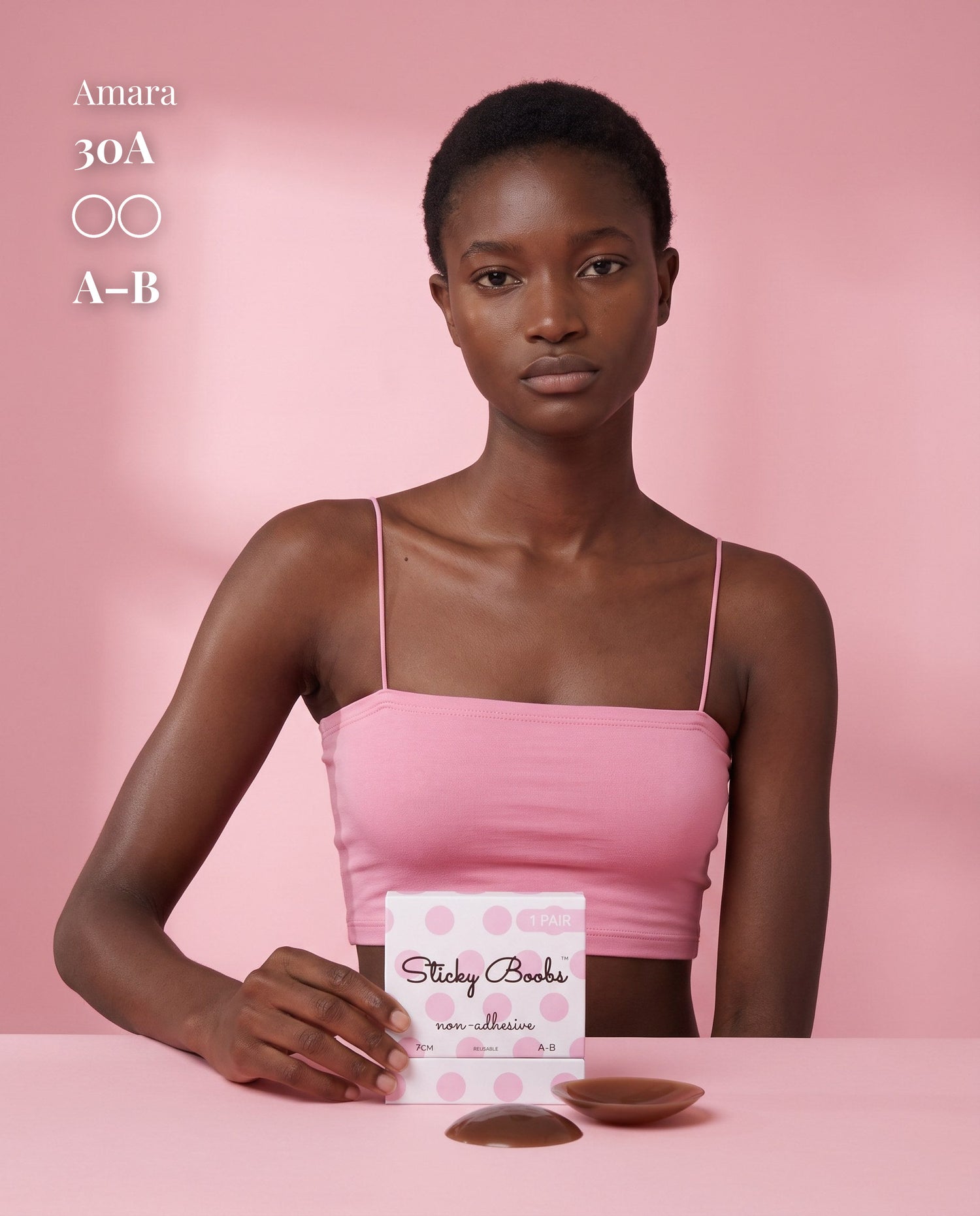 Non-Adhesive Nipple Covers, Dark shade, size A-B (7cm) — model with non-adhesive nipple covers and box 
